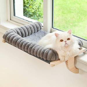 lot 5984 image: valigogo Cloud-Soft Cat Window Sill Perch with Zipper Designed Cushioned Bed, Supportive Cat Window Seat with Premium Solid Wood & Sturdy Metal Frame, Pet Hammock Bed for Large Cats (Large, Gray) - Retail $30