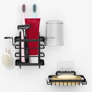 lot 5992 image: TONLEA Soap Holder, Wall Mount Soap Dish Toothbrush Holder for Bathroom, Stainless Steel Toothbrush Organizer for Toothpaste, Shaver, Comb Black - Retail $13