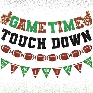 lot 6007 image: Football Decorations Game Time Touch Down Pre-Strung Football Banner Sports Party Favors Supplies for Indoor Home Birthday Flags - Retail $12