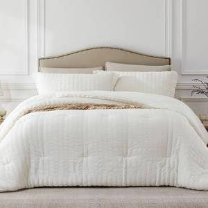 lot 6012 image: Quataly Beige Full Comforter Set - 3 Pieces Seersucker Lightweight Bedding Comforter Sets (1 Soft Fluffy Comforter & 2 Pillowcases) - All Seasons Cozy Farmhouse Bed Sets for Women Men - Retail $36