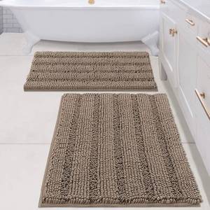 lot 6023 image: H.VERSAILTEX 2 Piece Bathroom Set - Super Absorbent Chenille Striped Bath Mats, Non Skid, Machine Washable (Taupe Brown, 24 x 36 Plus 20 x 32 - Inches) - Retail $44