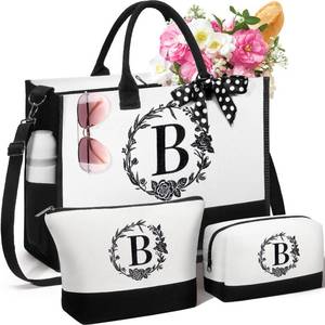 lot 6030 image: Personalized Gifts for Women, Initial Canvas Tote Bag & Makeup Bag Monogrammed Beach Tote Bags for Women wZipper, Easter Gift Bags Mothers Day Birthday Gifts for Mom Her Sister Best Friend Teacher - Retail $23