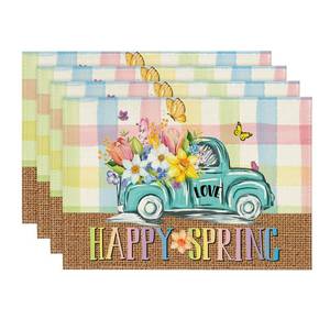 lot 6057 image: Artoid Mode Pink Blue Buffalo Plaid Truck Flowers Happy Spring Placemats Set of 4, 12x18 Inch Seasonal Table Mats for Party Kitchen Dining Decoration - Retail $10