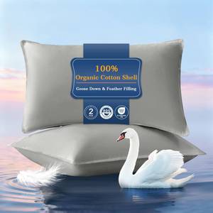 lot 6061 image: Goose Feather Down Pillows Queen Size Set of 2, Ultra Soft 100% Organic Cotton Fabric 700TC, 900 Fill Power Luxury Hotel Collection Bed Gusseted Pillows 2 Pack for Back, Stomach or Side Sleepers - Retail $60