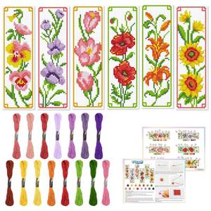 lot 6076 image: ORIGACH 6 Set Flowers Cross Stitch Bookmark Kit for Beginner with Backing Felt Floss Instructions DIY Stamped Embroidery Bookmark Kit for Adults, Book Lovers - Retail $13
