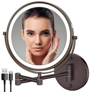 lot 6089 image: Rocollos Rechargeable Wall Mounted Lighted Makeup Mirror, 8 Inch Double-Sided LED Vanity Mirror 1X10X Magnification,3 Color Lights Touch Screen Dimmable 360°Swivel 13 Inch Extendable - Retail $109