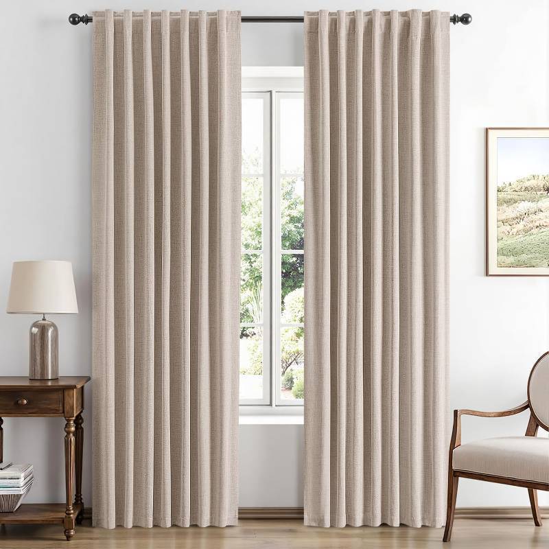 lot 1823 image: MIULEE 100% Blackout Linen Curtains for Bedroom, Beige Solid Luxury Decor Thermal Insulation Room Darkening Drapes for Living Room Nursery Back Tab Rod Pocket 42 x 84 Inches, 2 Panels