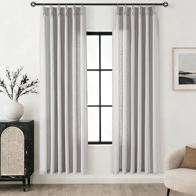 lot 1905 image: Triple Pleated Linen Curtains 72 inches Long 2 Panels Set Light Filtering Semi Sheer Pinch Pleat Linen Drapes with Hooks Textured Modern Farmhouse Pleated Window Curtain Neutral Grey Color 40x72