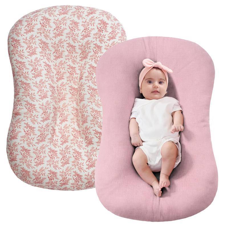 lot 2060 image: FUNUPUP Muslin Baby Lounger Cover Compatible with Snuggle Me Lounger, Infant Pillow Cover for Newborn, Removable Nest Slipcover for Boys and Girls, Only Cover, Pink & Pink Leaves