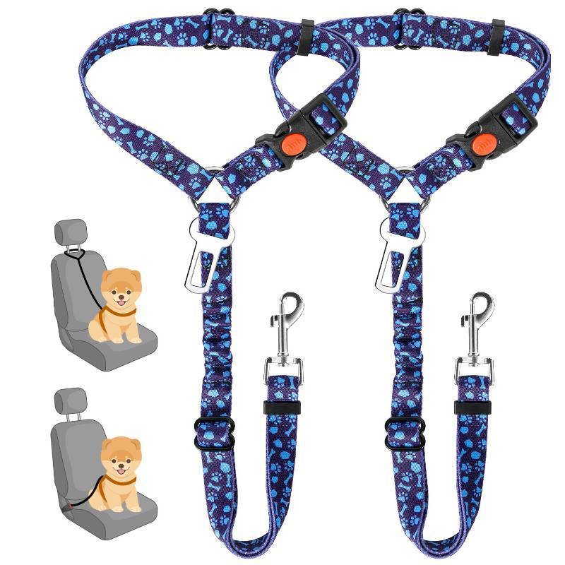 lot 2136 image: SlowTon Dog Seat Belt for Car, 2 Pack Dog Car Harness Seatbelt Adjustable with Elastic Bungee Buffer, 2 in 1 Pet Car Leash Headrest Restraint Dog Reflective Safety Tether (S, Blue, HeadrestClip)