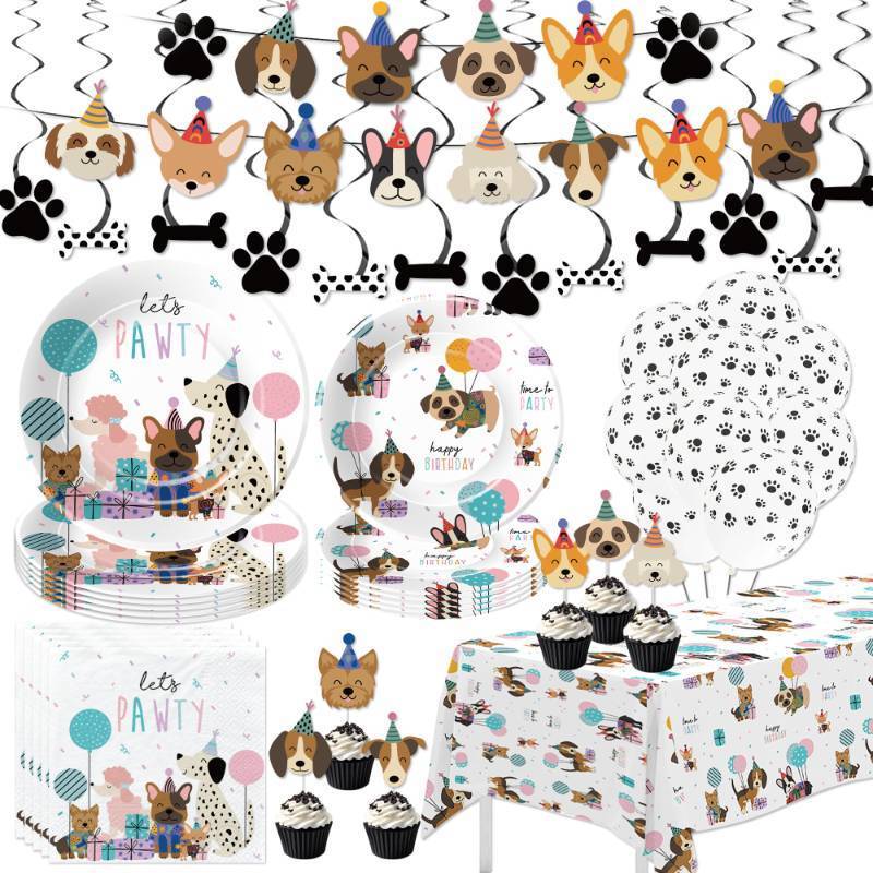 lot 3353 image: Xenorik Dog Birthday Decorations, Puppy Dog Party Decorations, Paper Plate, Napkin, Garland Banner, Swirls, Paw Balloon, Tablecloth, Cupcake Topper, Dog Birthday Party Supplies, Serves 24