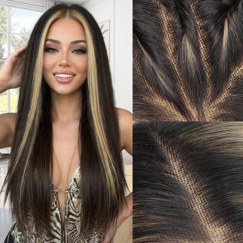 lot 3409 image: AISI HAIR 13x4 HD Lace Front Wig Black Highlights Blonde Pre Plucked With Baby Hair Straight Glueless Synthetic Wigs for Women 28inch Beginner Friendly