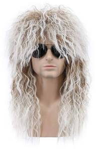 lot 6105 image: karlery Men and Women Long Curly Brown Gradient White Wig 70s 80s Rocker Mullet Party Funny Wig Costume Wig - Retail $20