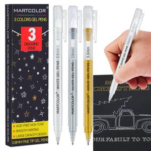 lot 6113 image: MARTCOLOR Gold Silver White Gel Pens, 0.8mm Extra Fine Point Opaque Archival Ink Pen for Black Paper Drawing, Art Highlight, Illustration, Bullet Journaling, Card Making & DIY Projects, 3 Pack