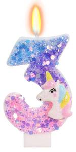 lot 6116 image: FAMGift Unicorn Candle - Number 3 Candle, 3rd Birthday Decorations for Girls, Colorful Sequins Birthday Candles for Cake, Cartoon Unicorn Theme Party Decorations - Retail $7