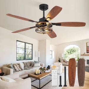 52 Inch Farmhouse Ceiling Fan with Light and Remote, Black Industrial Caged Flush Mount Ceiling Fans with 6 Speed Reversible Motor and Dual Finish 5 Blades, Rustic Ceiling Fan for Living room, Bedroom - Retail: $80