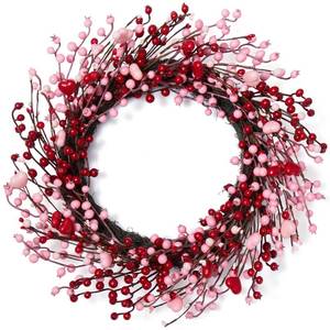lot 6138 image: 22in Valentines Day Wreath for Front Door, Valentines Day Door Wreath with Pink and Red Berries for Wall Indoor Decoration, Artificial Berry Wreath for Valentines Day Anniversary Wedding Home Decor
