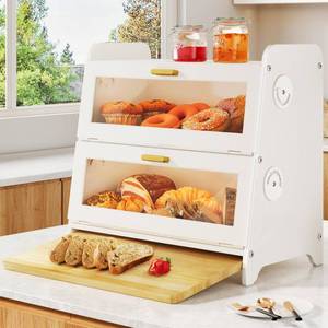 lot 6145 image: SNTD Bread Box - Kitchen Countertop Bread Storage Container with Bamboo Cutting Board, Adjustable Vent Hole Dials, White - Retail $68