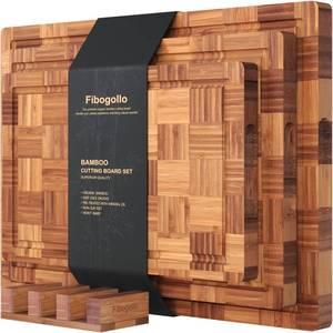 lot 6146 image: Fibogollo Bamboo Cutting Boards for Kitchen(Set of 3),Chopping Boards with Juice Groove,End Grain Serving Board with Holder,Bamboo Butcher Block for Meat,Vegetables,Fruit - Retail $40