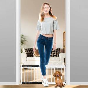 lot 6147 image: White Metal Dog Gate for Small Dogs - 13.3 Short Freestanding Puppy Gate with Retractable Sliding Rail, No Installation, IndoorOutdoor Use, Foldable & Portable Pet Barrier - Retail $45