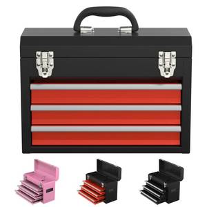 lot 6154 image: Kieperi 3 Drawers small Tool Box,Portable 3 Drawer Steel Tool Box with Locking System toolbox organization with Liner for Tools Storage (BlackRed) - Retail $65