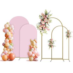 lot 6164 image: Holldoor Arch Backdrop Stand and Cover Set, 2 Metal Balloon Arch Backdrop 7.2ft 6ft, Gold Arched Stand Frame for Wedding, Parties,Birthday, Event Decorations (Pale Pink,7.2ft6ft) - Retail $76
