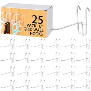 lot 6168 image: Moxweyeni 6 Inch Grid Wall Hooks 25 Pcs Gridwall Panel Hooks Store Garage Wall Mount Organizers Storage Grid Display Hangers for Retail, Craft Show, Home Setup, Customized Display(White) - Retail $23