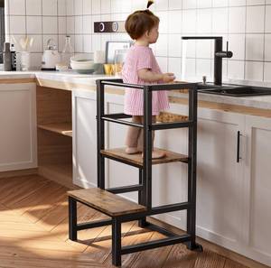 lot 6190 image: INNOD Kitchen Step Stool for Toddlers, Height Adjustable Toddler Tower with Safety Rail, Steel and Wood Toddler Kitchen Stool Helper Kids, Stool for Kids, Learning Tower, Kids Desk Brown - Retail $50