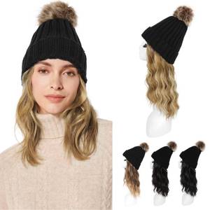 lot 6196 image: HOOJIH Hat Wig, Hat with Hair Attached Wavy Curly Black Knitted Beanie Wig with Faux Fur Pom 12 Inch Synthetic Hairpiece for Women - Golden Blonde with Highlights