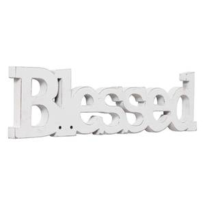 lot 6197 image: Sintosin Farmhouse Wood Blessed Sign for Table 15, Hanging Distressed White Wall Decoration, Rustic Blessed Signs for Home Decor, Thanksgiving Christmas Signs Decor for Living Room - Retail $10