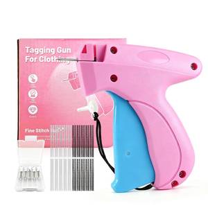 lot 6213 image: Handheld Stitch Tag Gun for Clothes, Quick Clothing Fixer, Tagging, Sewing Kit Includes 6 Needle, 1000 Black Fasteners & 1000 White Fasteners, Pink Blue - Retail $13