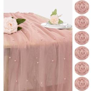 lot 6230 image: Set of 6 Pearl Valentines Day Table Runner 29 x 120 Inch Dusty Pink Boho Rustic Tulle Fabric Lace Table Runners for Bridal Shower Birthday Party Wedding Arch Dessert Table Decor(Dusty Pink) - Retail $36