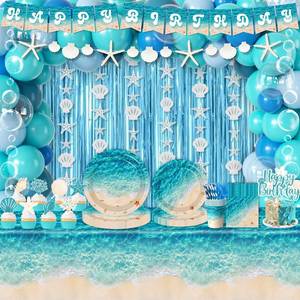 lot 6234 image: Beach Party Decorations, 273Pcs Ocean Waves Birthday Supplies Summer Pool Beach Birthday Party Decorations Tableware,Banner,Tablecloth,Starfish Bubble Garlands,Balloons,Cake Topper,Fringe Curtains - Retail $28