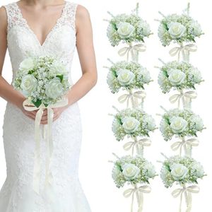 lot 6286 image: Buecobby Artificial Bridesmaid Bouquets Set of 8 - Ivory White 9 Inch Various Flower Bouquet for Wedding Party Ceremony Dining Table Centerpieces Decor Faux (Rose &amp Babys Breath &amp Ribbon) - Retail $63