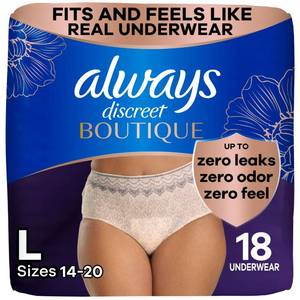 lot 6287 image: Always Discreet Boutique Incontinence and Postpartum Underwear for Women, Maximum Protection, Large, Rosy, 18 Count - Retail $25