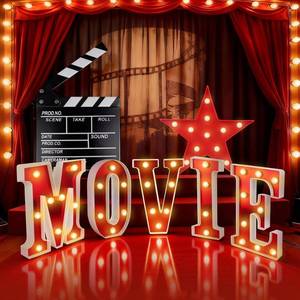 lot 6290 image: Movie Theater Decor,Film Clapper Board and Light Up Letters Sign with LED Star Sign Movie Props for Night Decorations,Home Room Theater Decor Party Supplies - Retail $31