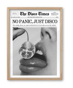 lot 6310 image: iHery No Panic Just Disco Framed Trendy NewsPaper Wall Art,Beige OAK Wood 12x16in Canvas Bedroom Wall Art, Cherry Disco Ball Headline Poster,Magazine Wall Decor For Dorm Living Room Home 1Pack - Retail $24