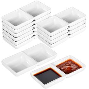 lot 6318 image: Tideme 12 PCS Dual Dipping Sauce Bowls, Soy Sauce Dish Bowl with 2 Compartments, Melamine Plastic Dip Sauce Dish Tray, Divided Fondue Plate for Parties Restaurants, Ketchup Wasabi Dipping Plate