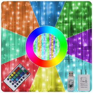 lot 6325 image: HOME LIGHTING Window Curtain String Lights, 300 LED RGB 16 Colors Changing Fairy Lights, 4 Modes with Remote, USB & Adapter Powered for Halloween Christmas Party Wedding Home Garden Wall Decorations - Retail $20