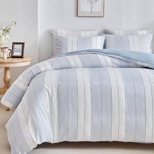 lot 6327 image: WARMDERN Blue Striped Weave Duvet Cover King Size, White Knit Boho Duvet Cover Set, Microfiber Textured Bedding Set with Zipper Closure and Corner Ties (Blue, King) - Retail $45
