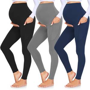 lot 6344 image: GROTEEN 3 Pack Womens Maternity Leggings Over The Belly with Pockets Pregnancy Belly Band Maternity Tops Faux Leather Leggings Wide Leg Yoga Pants for Women BlackGreyNavy Blue Large - Retail $32