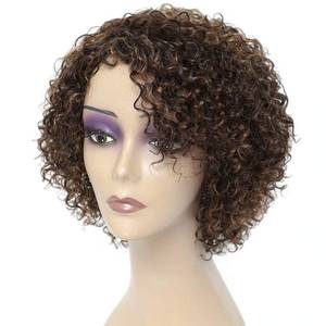 lot 6347 image: HUA Kinky Curly Short Wigs for Black Women Human Hair Chocolate Brown Mix Medium Auburn Curly Human Hair Wigs for Black Women Glueless 430 Color Short Wigs for Women - Retail $50