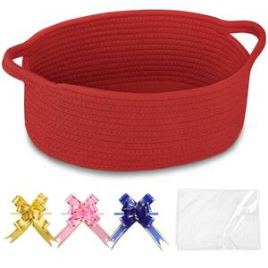 lot 6348 image: COMSE Small Woven Basket with Gift Bags and Ribbons, Gift Basket Empty, Cotton Rope Storage Organizer, Baby Toy Box with Handles, 12 x 8 x 5, Red - Retail $13