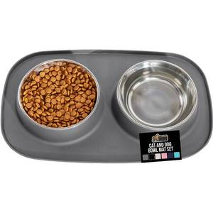 lot 6365 image: GORILLA GRIP Feeding Mat Bowl Set, 100% Waterproof BPA Free Silicone Base, 304 Stainless Steel Cat and Dog Bowls for Food and Water, Slip Resistant, High Edge, US Designed, Patent Pending, 2 Cup Gray - Retail $23