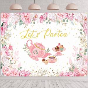 lot 6375 image: Tegeme 8 x 6 ft Tea Party Backdrop Decorations, Pink Floral Tea Decor Banner, Lets Partea Photo Background for Baby Bridal Shower Birthday Party Supplies(White) - Retail $16