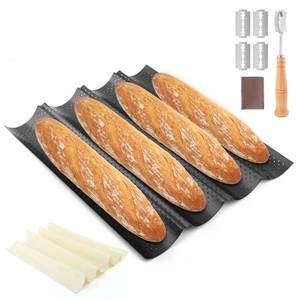 lot 6376 image: HKZTUY French Baguette Pan Set - 4-Loaf Nonstick Perforated with Proofing Cloth & Lame  Complete Bread Baking Kit - Retail $17