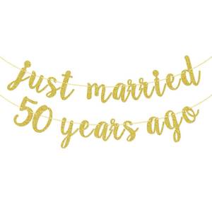 lot 6393 image: Just Married 50 Years Ago Banner, We Still Do Banner, 50th Anniversary Party Decorations, Gold Glitter - Retail $11