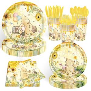 lot 6396 image: 140pcs Classic Bear Baby Shower Decorations Baby Shower Party Tableware with Plates, Napkin, Forks, Cups for Birthday Party Supplies Set Serves 20 Guests - Retail $20