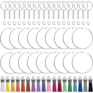 lot 6423 image: Duufin 72 Pieces Acrylic Keychain Blanks Tassels Set 3 Inch Round Clear Arylic Blanks Key Rings with Chain Jump Rings and Colorful Keychain Tassels for DIY and Craft - Retail $10