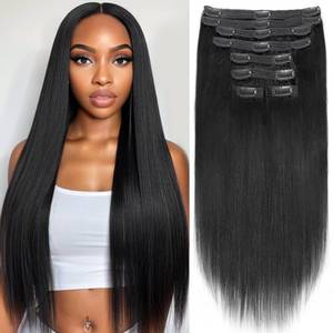 lot 6425 image: Yaki Straight Clip in Hair Extensions Real Human Hair 8Pcs Remy Human hair Clip ins for Women, Natural Soft Human Hair 120g 28inch #1B Natural Black - Retail $113